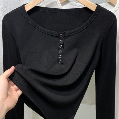 Weißes Basic-T-Shirt mit Rundhalsausschnitt für Damen, Neu für den frühen Herbst, Langärmeliges Innen-Unterhemd zum Abdecken des Bauchs und für eine schlanke Oberfigur