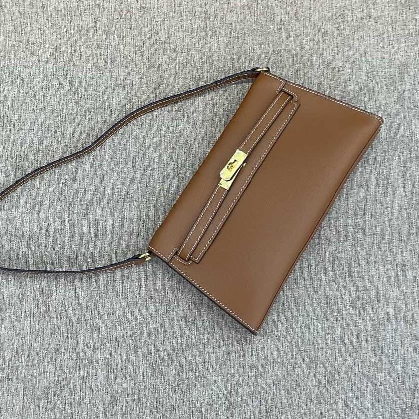 Luxus-lite Kelly-Tasche aus Rindsleder mit Ziegenprint, Unterarmtasche aus echtem Leder, Single-Shoulder Crossbody-Tasche, Retro und vielseitige Damentasche