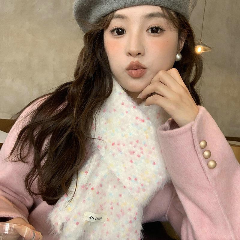 Imitation mink jelly beans colored polka dots warm autumn and winter light fluffy wool knitted white scarf