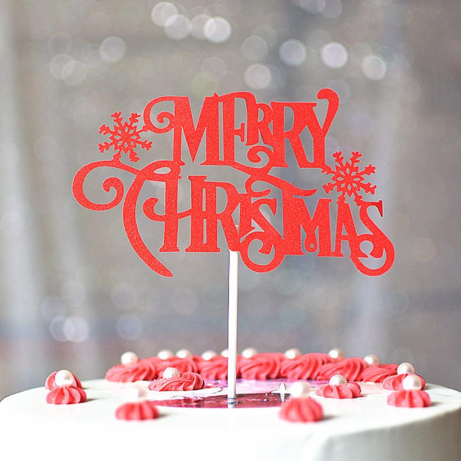 Gold & Green Glitter Merry Christmas Tree Cake Topper Decoration