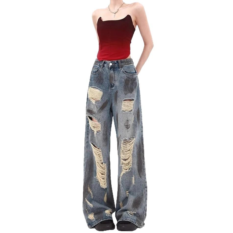 Blue Do Old High Street Broken Jeans Female Europe and The United States In The Fall Design Sense Hundred Match Lethargic Wind Dirty-dye Mopping Pants