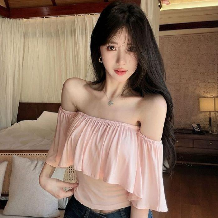 One-word Shoulder Ruffle Edge Super Fairy Short-sleeved T-shirt Women's Summer Pure Desire Hot Girl Sexy Off-the-shoulder Top Is Huge and Beautiful