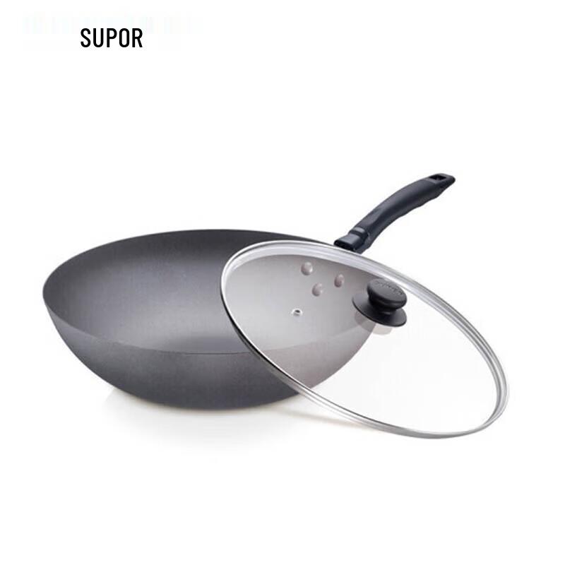 SUPOR 32cm Cast Iron Wok with Glass Lid