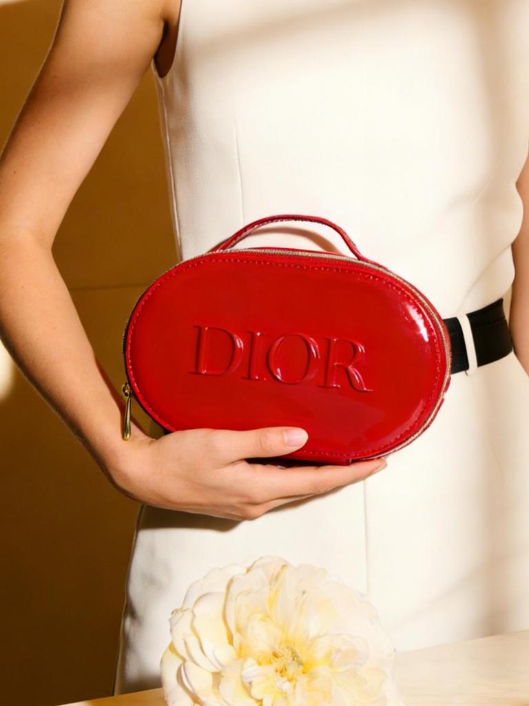 Dior Red Glossy Cosmetic Bag with Handle, Portable Travel Makeup Organizer