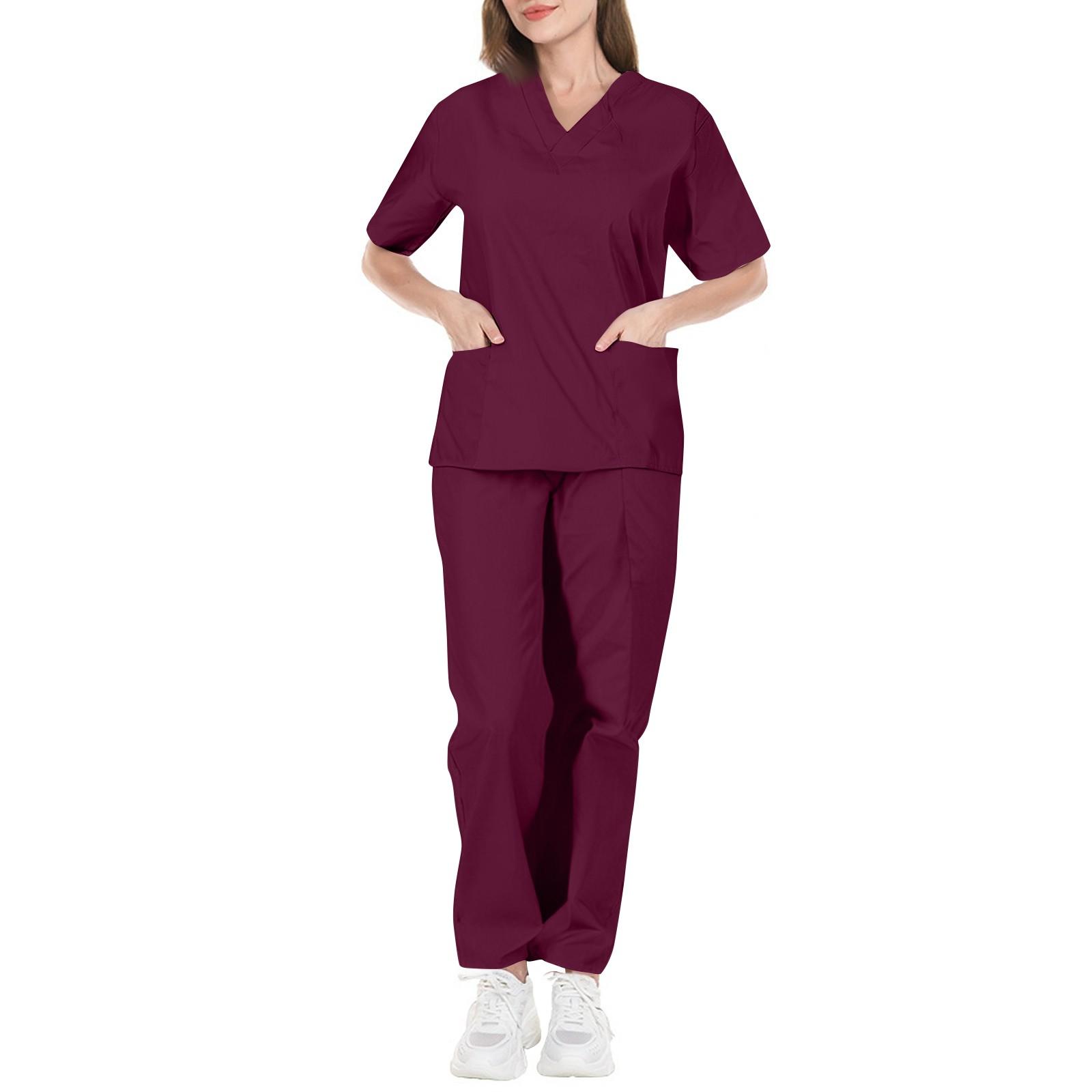 

Женский модный однотонный короткий рукав узор топы карман рабочий комплект XL винный