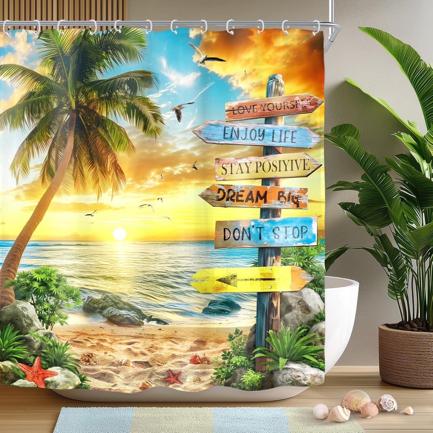 Tropical Palm Tree Shower Curtain, Beach Sunset Coastal Design, Waterproof Polyester Art Print (as the picture,W90xH180cm)