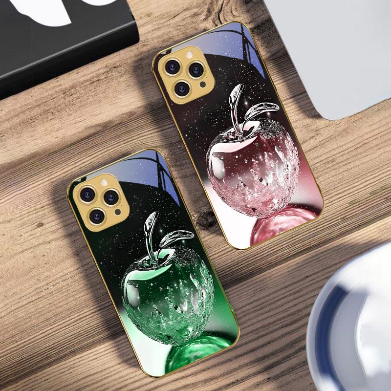 Mela di Cristallo Trasparente Per IPhone 16 Pro Max 15 P Ro 14 13 Plus 12 Mini 11Pro Max XS Max XR Custodia per Telefono in Vetro Temperato Dorato