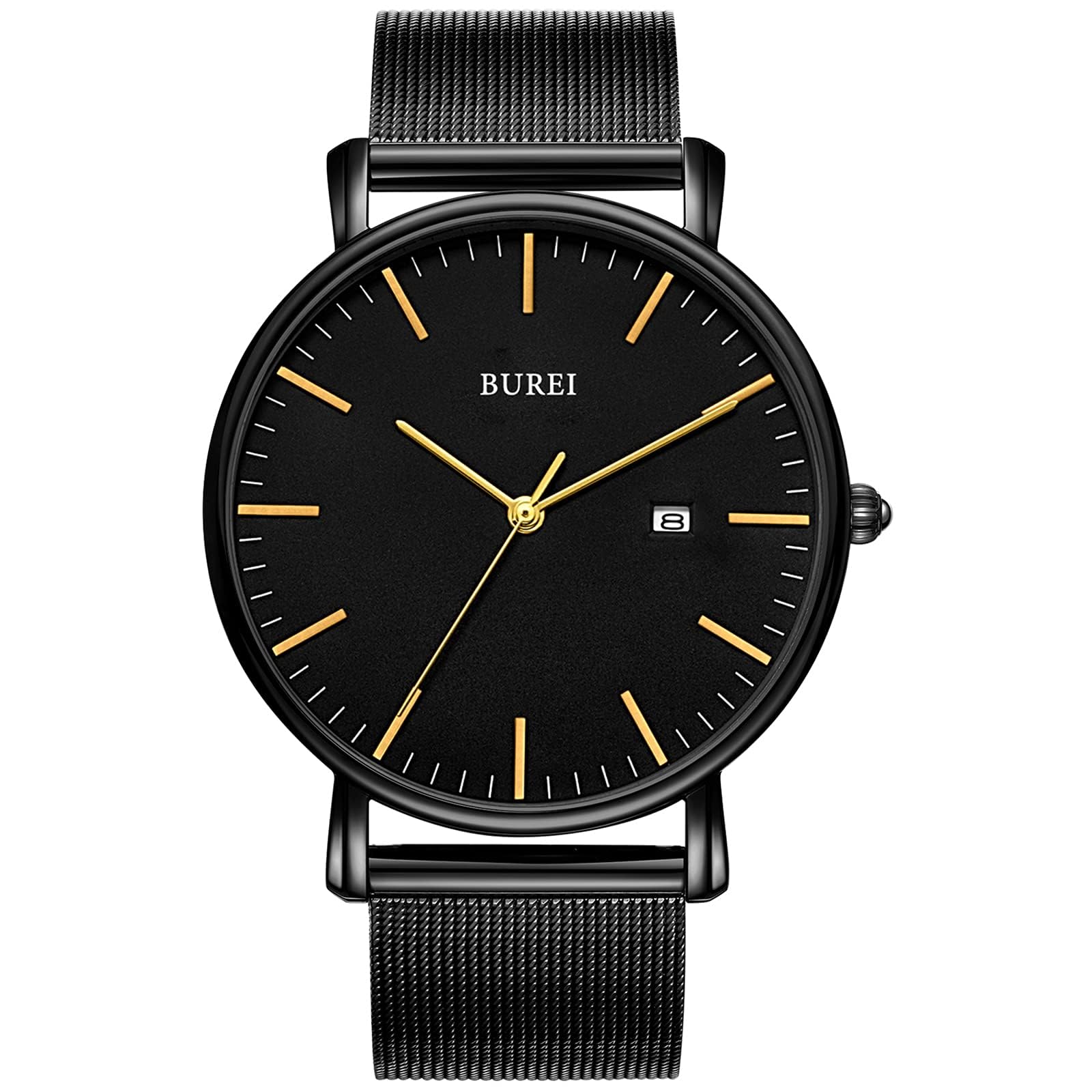 BUREI Men s Waterproof Analog Business Watch Milanese Mesh Band Stylish Date Black Gold