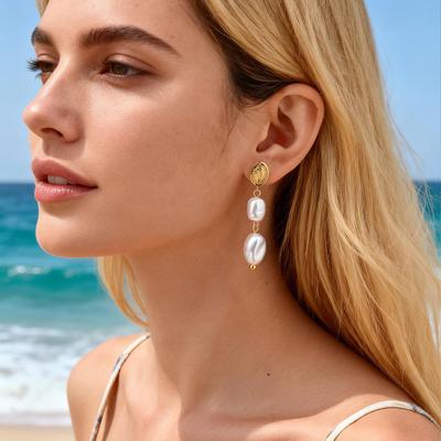 Baroque Pearl Dangle Earrings, French Vintage Statement Drop Earrings Stainless Steel for Women Wedding Party Jewelry
