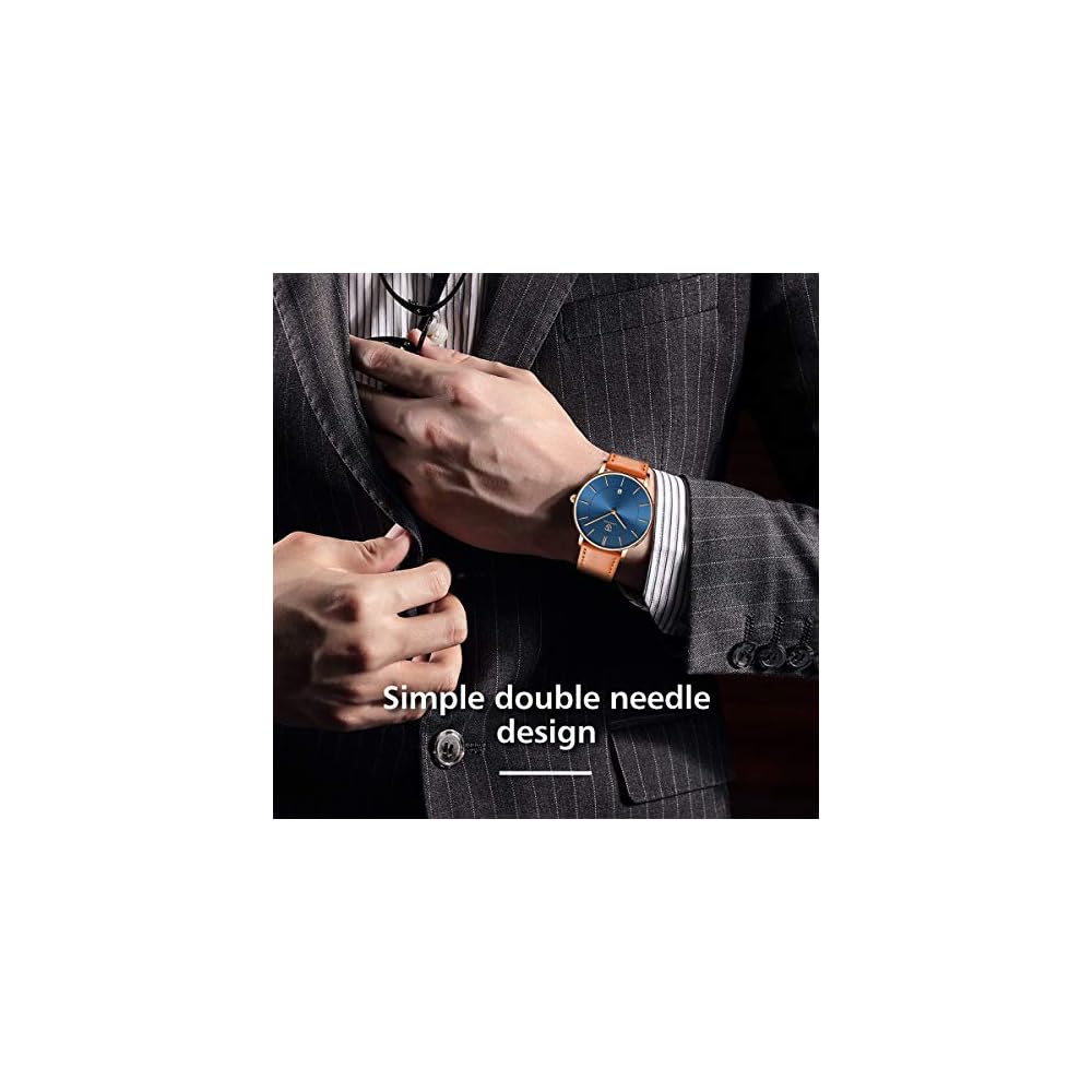 Minimalist Men's Analog Watch with Date, Leather Strap, Orange Blue Gold