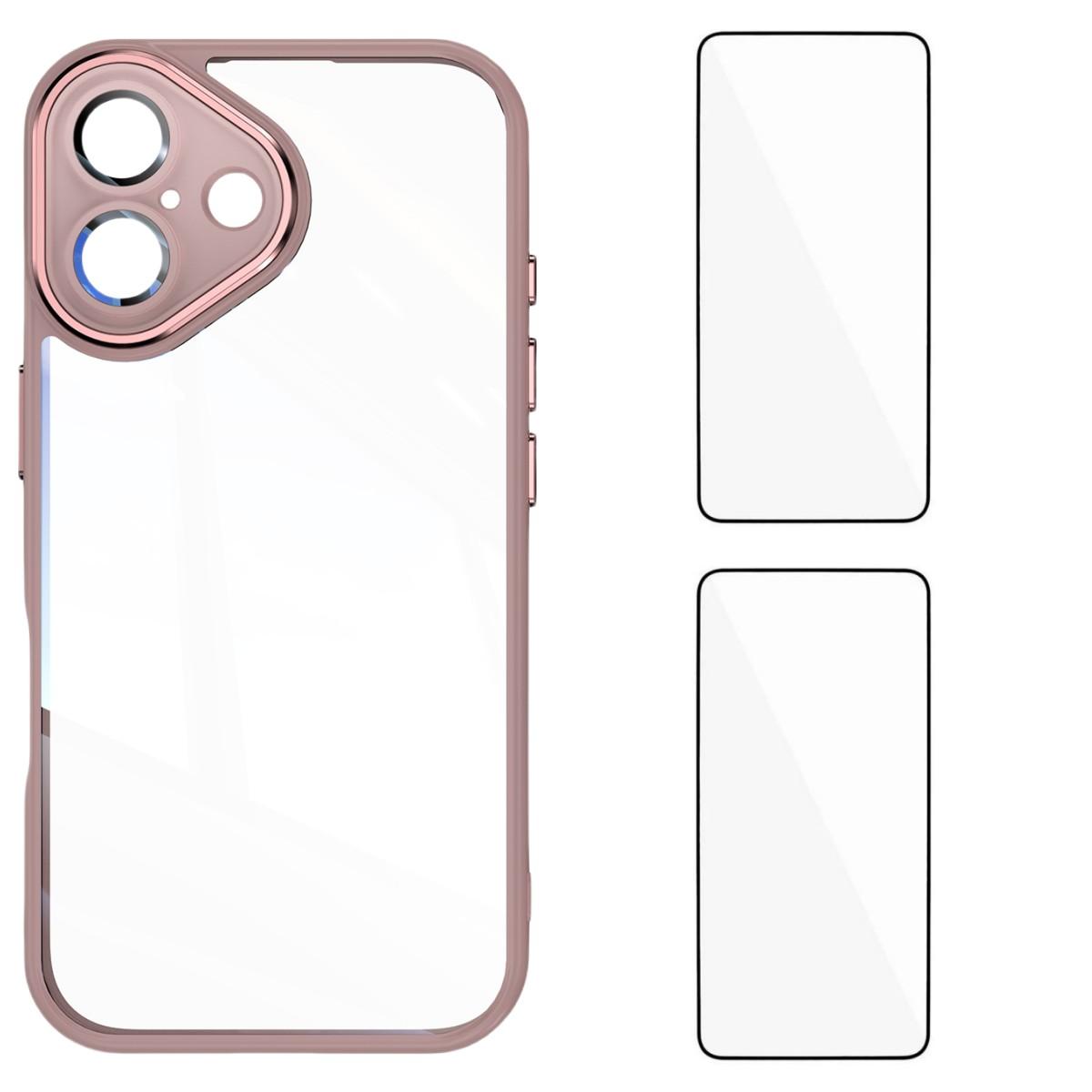 

For iPhone 16 Plus TPU Case WANLONFENG Drop-proof Clear Phone Cover with 2Pcs Tempered Glass Film Pink