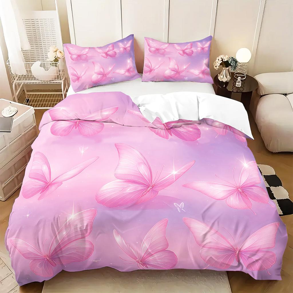3Pcs Pink Butterfly Patterned Duvet Cover Set, 1 Duvet Cover+2 Pillowcases, Coreless. Soft And Comfortable Bedding Set