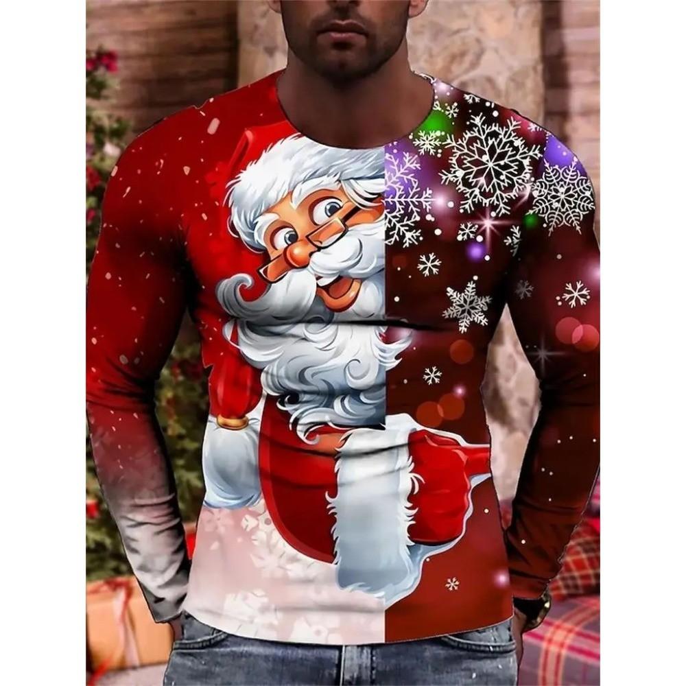 Santa Claus Pattern Men's Long Sleeved T-shirt 3D Printed Spring and Autumn Casual Long Sleeved Loose Breathable Top