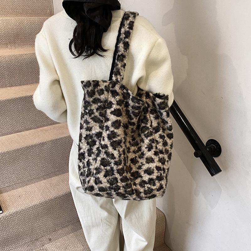 New Double-Sided Wool Tote: Striped & Leopard Print, Large Capacity Shoulder & Shopping Bag for Autumn and Winter