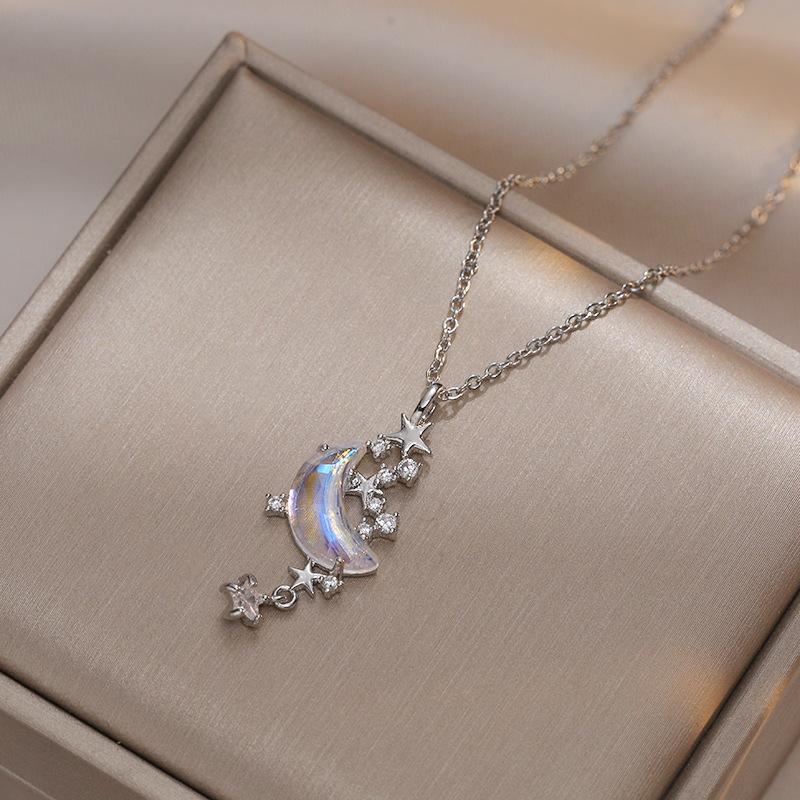 Fashion Sweet Moon Star Zircon Pendant Necklace Stainless Steel Chain Jewelry Gifts for Women Girls Daily Party Accessories