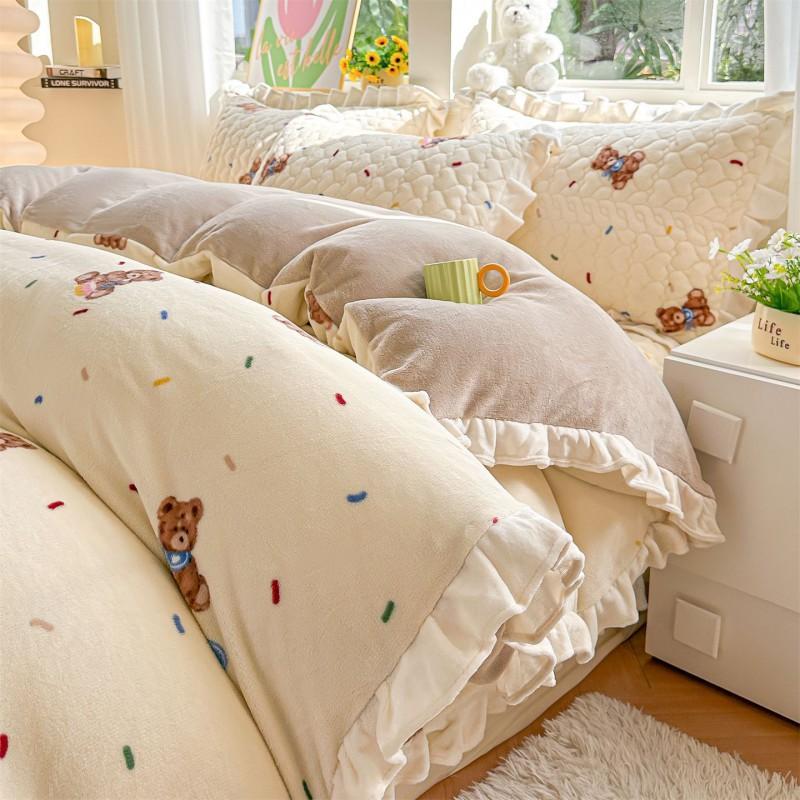 Thick Warm Milk Coral Fleece Bedding Set Floral Bedspread Quilt Cover Lace Trim Home