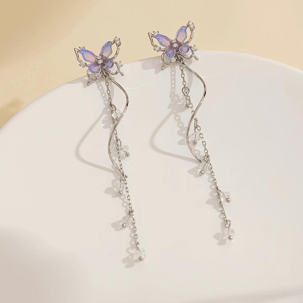1Pair of Fashionable and Exquisite Butterfly Chain Tassel Sparkling Earrings Pendant, Suitable for Women, Perfect for Birthday Parties