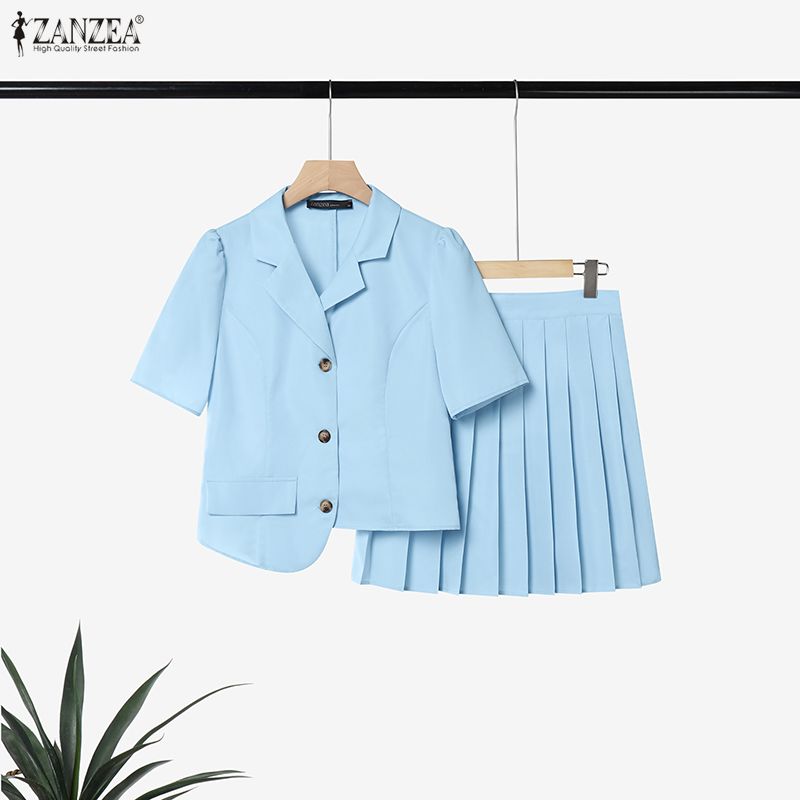 ZANZEA Women Short Sleeve Blouse and Pleated Skirts Casual Two Piece Sets