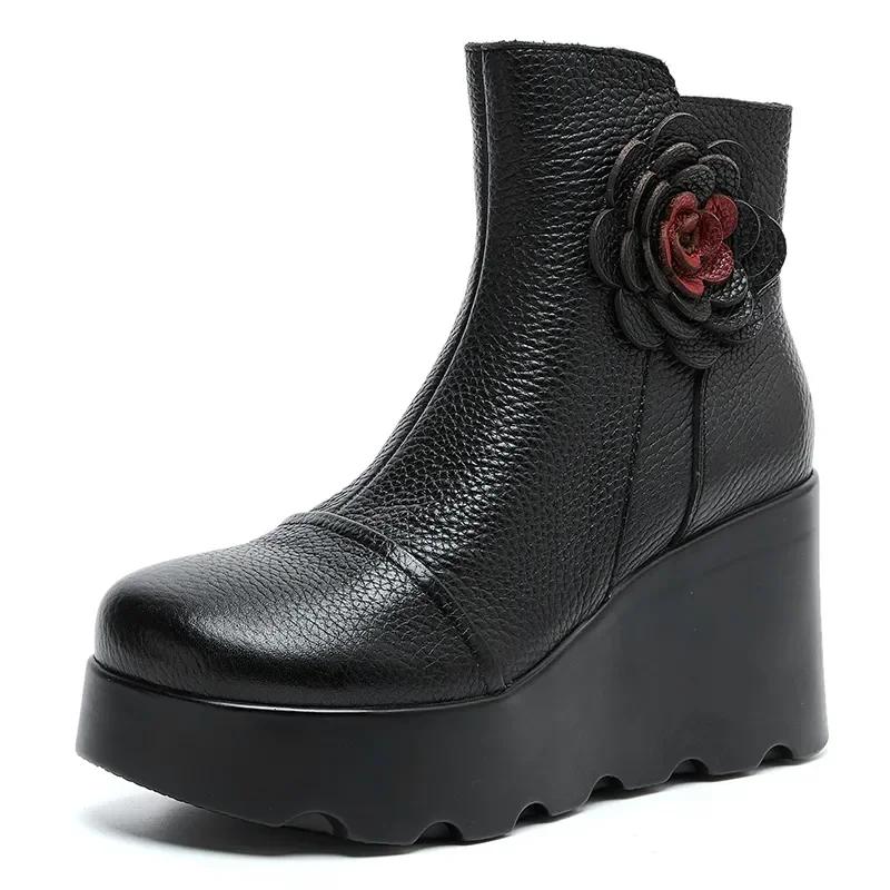 

Высококачественные женские зимние теплые плюшевые сапоги высотой 8 см в национальном стиле с цветочным принтом в стиле ретро ручной работы на танкетке, увеличивающие рост, ботильоны на платформе 34