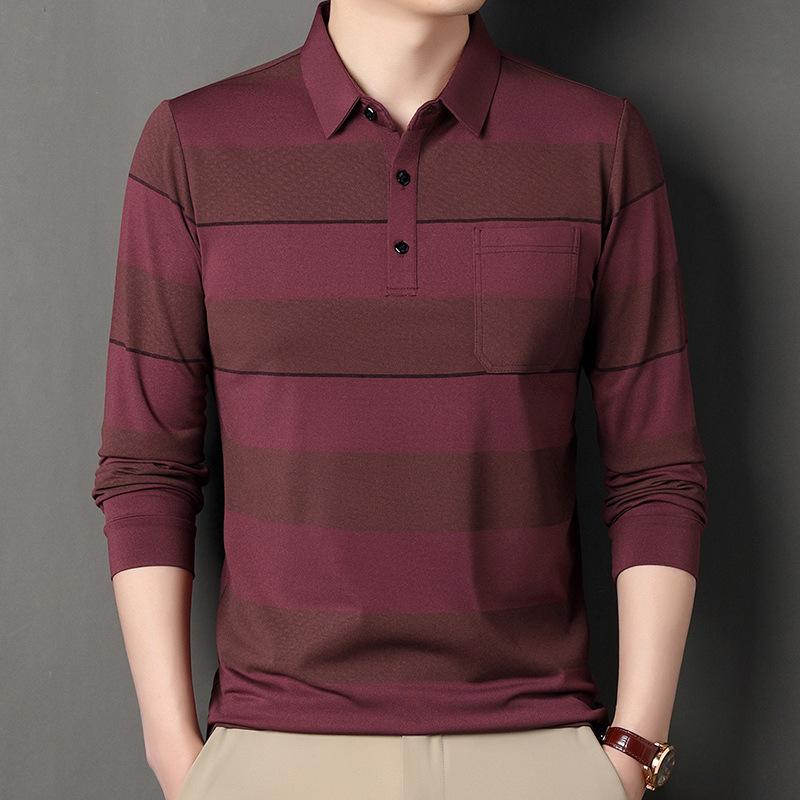 

Мужская поло в полоску с длинным рукавом и карманами - Повседневный базовый топ с воротником L