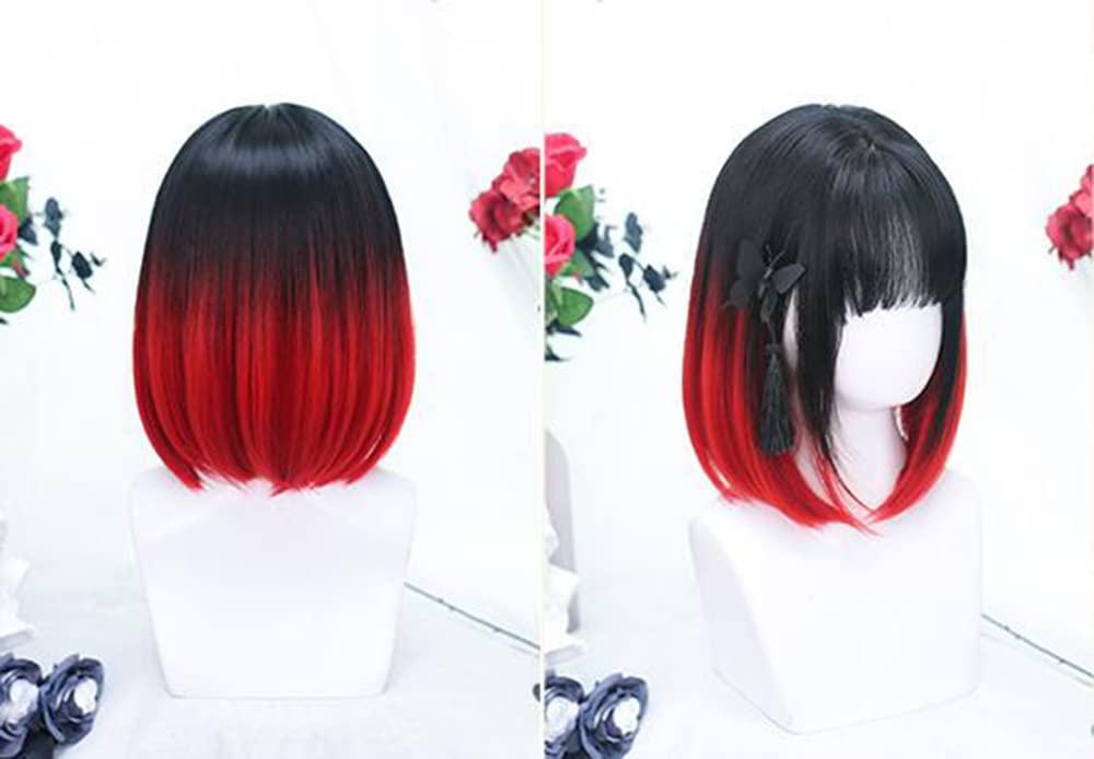 Straight Full Wig, Bob, Mori Girl, Dreamy, Cute, Heat-resistant, Semi-long, Cosplay, Lolita Style, Everyday Wear, Black and Red Gradient Wig