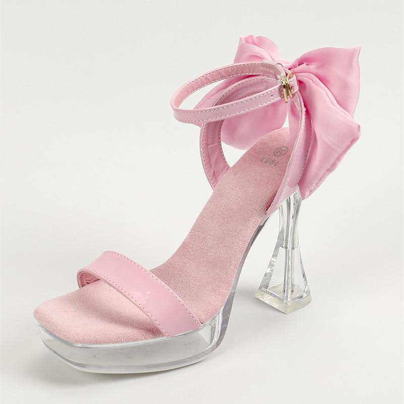 Fashion Fashion Crystal Transparent Platform Thick Heeled Women Sandals Sweet Satin Bowknot 12CM Ultra High heels Summer Banquet Shoes