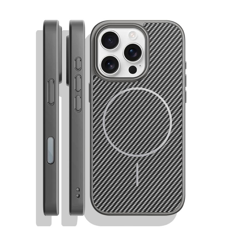 

Роскошный чехол для телефона с текстурой углеродного волокна MagSafe для iPhone 16 15 14 13 Pro Max Plus, беспроводная зарядка, сплав, защита объектива, противоударный чехол iPhone 16 серый