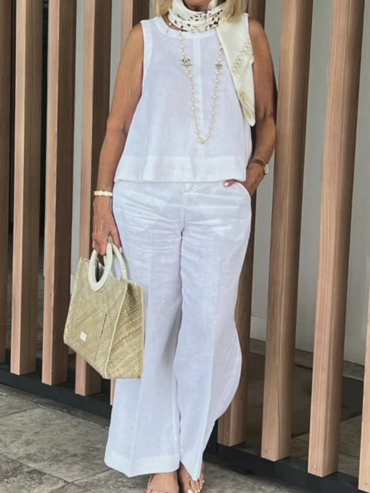Women's Summer Casual Sleeveless Round Neck Top and Wide Leg Pants Set In Multiple Colors