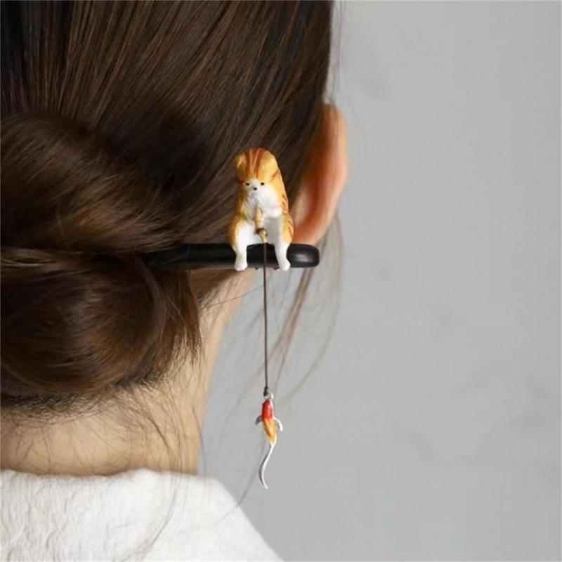 Wooden Hairpin With Fishing Cats  Chinese Style  Hair Sticks Hair Accessory For Women Daily Styling