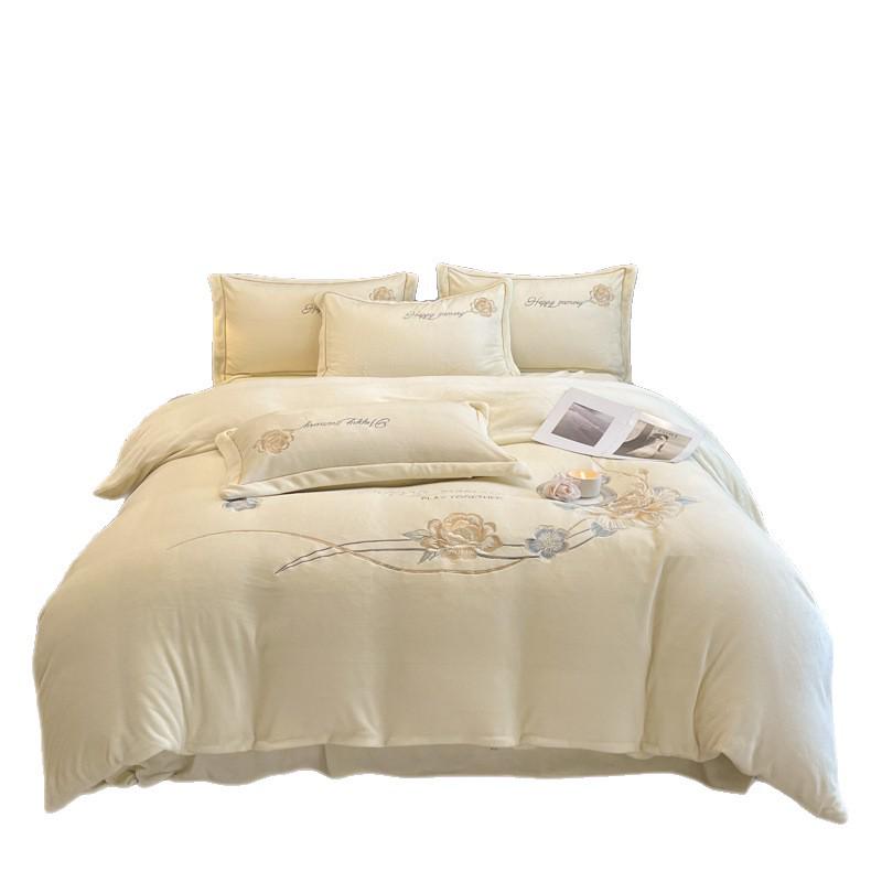 Winter Warm Milk Velvet Embroidered Four-Piece Anti-Static Double-Sided Fleece Bedding Set