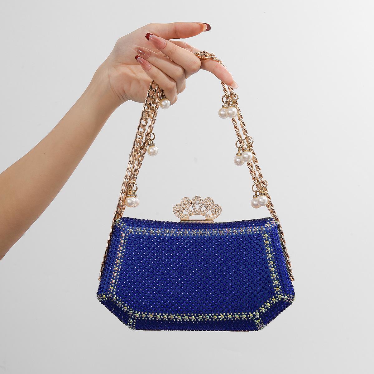 

Elegant Evening Clutch Sparkling Diamonds Chain Handbags Banquet Bag Rhinestone Handle Glitter Small Square Shoulder Bag Party синий
