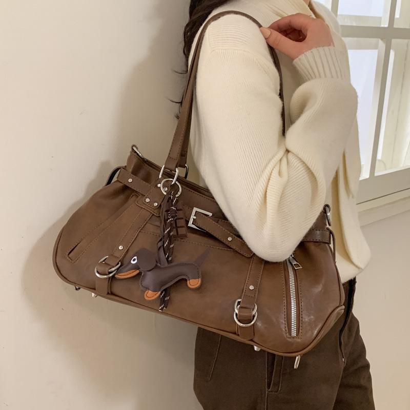 Borsa a Spalla Hobo Vintage Marrone Multitasche in Morbida PU con Ciondolo Cane da Donna per Uso Quotidiano Casual Borsa a Tracolla