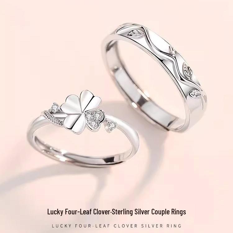 

Four-Leaf Clover S925 Sterling Silver Couple Rings: A Pair of Elegant Unisex Wedding Bands – Ideal Christmas Gift Women s S925 Silver Platinum Plated [Certified]
