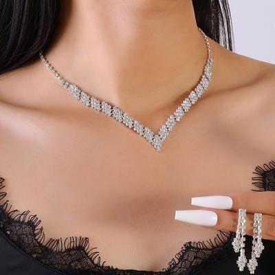 1 conjunto de brincos e colar femininos com strass ajustável em formato de V, joias com borla de cobre, brincos pendurados, noiva, casamento, baile, festa, conjunto de joias