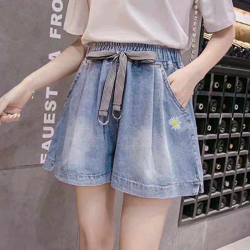 2026 Summer Women's Plus Size Elastic High-Waist Loose Wide-Leg Denim Shorts with Lace-Up