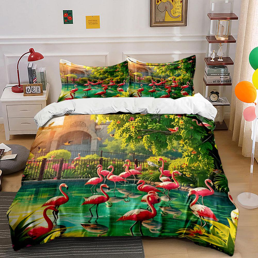 Tropical Flamingo Landscape Decoration Set Soft Comfortable Duvet Cover Bedding Set Included 1*Duvet Cover & 2*Pillowcases,Gift