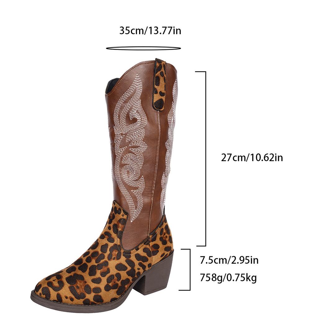 Embroidered Tall Western Cowboy Boots Women's Cross-border New Thick Heel Embroidered Leopard Print To Make a Knight Boots