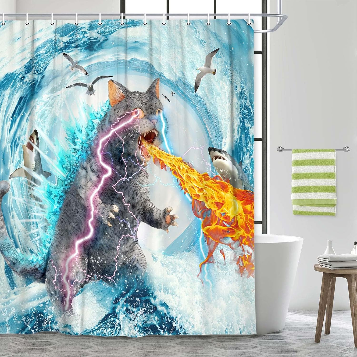

Funny Cat Shower Curtain, Cute Fun Cat Blue Wave Animal Shark Ocean Theme Kids Bathroom Decor, Waterproof Polyester Fabric W60H190(CM)-1 Pcs