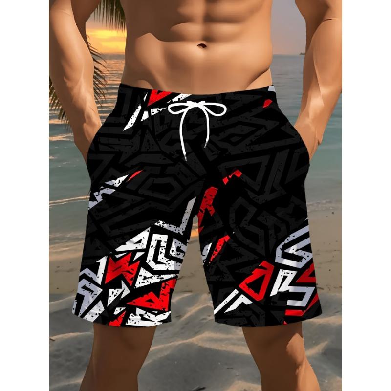 Men S Fashion Print Beach Shorts, Geometric Pattern 3D Print, - Casual Polyester Fiber Drawstring Waistband, Summer Lightweight Comfortable S