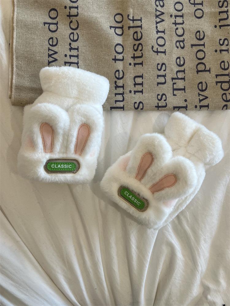 New warm and cold-proof cute rabbit flip open finger gloves female cartoon cute plush sleeves