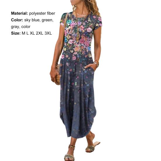 Mode Frauen Kleid Rundhals Kurzarm Taschen Floral Print Lose Maxi