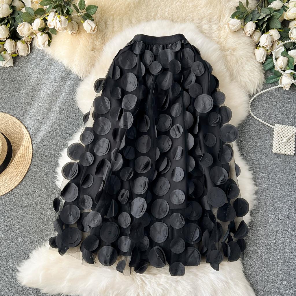 Letní Elegantní 3D Květinová S Vysokým Pasem Puntíky Dlouhá Midi Síťovaná Sukně