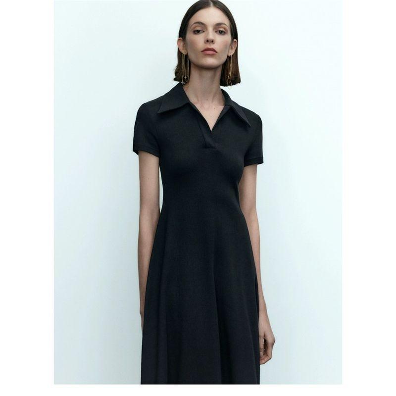 

Domestic Sales of a Cat Shop Cotton Plaid Stretch Silm A- line Large Hem Summer Short Sleeve Polo Collar Elegant Female Dress Black M