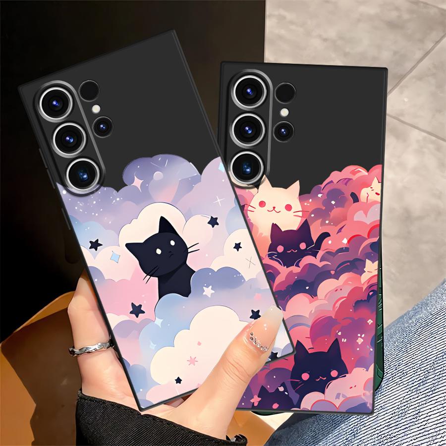 Funda Phone Cover Case for Samsung Galaxy S25 Note 20 8 9 10 S26 S24 Plus S23 S21 FE S20 Ultra S10 S9 Black Cat Starry Night