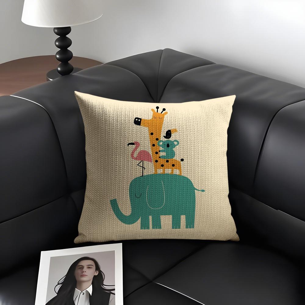 Cartoon Animals Cushion Cover Natural Linen Organic Fabric DoubleSided Printing Sofa Home Decor Gift Pillow Case