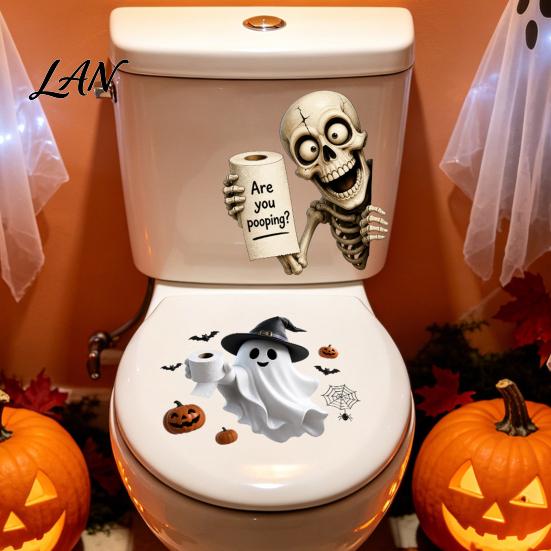 Easy Installation Toilet Decals Halloween Sticker, Ghost And Skeleton Print Decals, Waterproof PVC Funny Peel Stick Spooky Stickers, for Bathroom