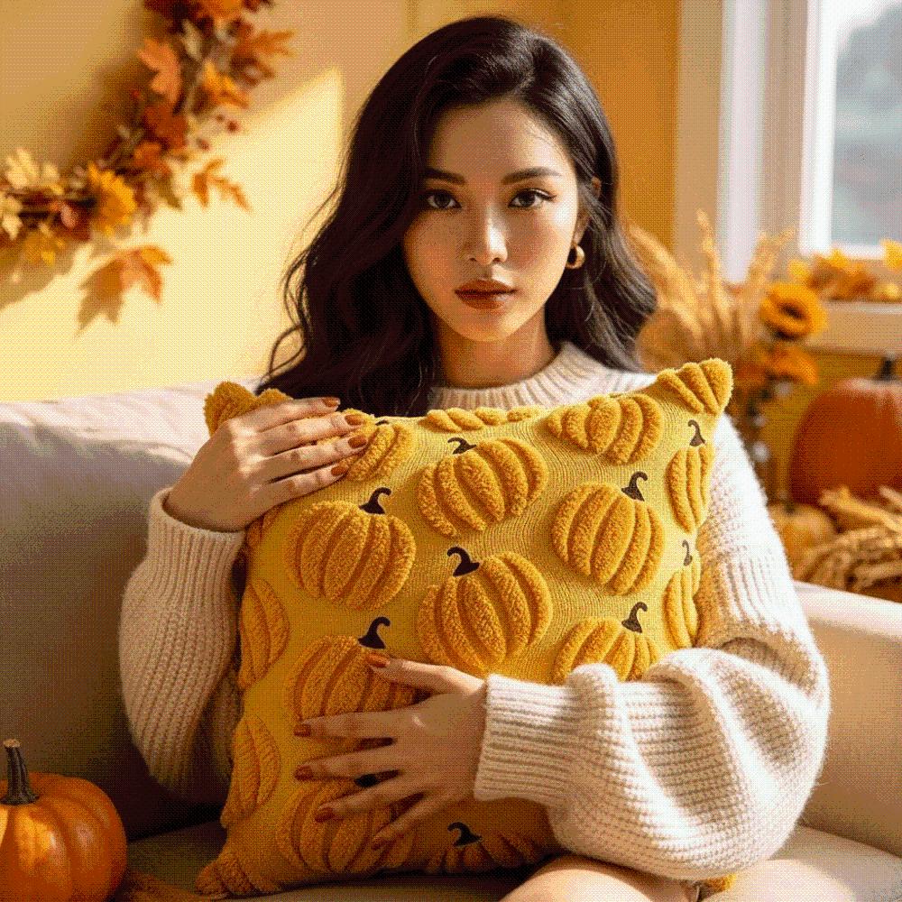 Soft Plush Pumpkin Pillow Case Cute Embroidery Square Shape Halloween Cushion Cover Warm Texture Solid Color