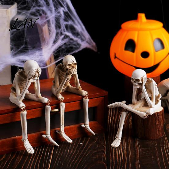 Spooky Festive Decoration Items Halloween Skeleton Statue, See Speak Hear No Evil Figurines, Holiday Party Decor Collectible Skull for Indoor