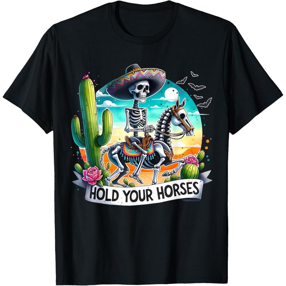 Hold Your Horses Skeleton Cowbo Western Halloween Cotton Men T Shirt L чёрный