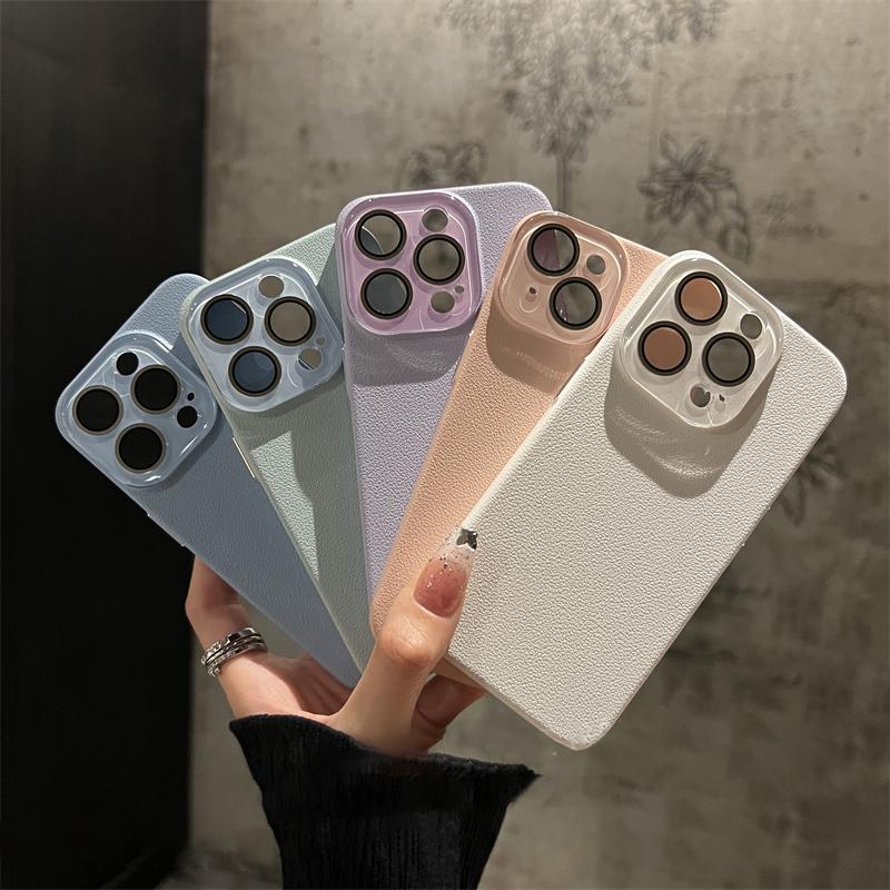 Crystal Glass Lens Protection Lychee Textured Leather Case for iPhone 15 Pro Max 14 13 12 Shockproof Protection Hard PC Cover